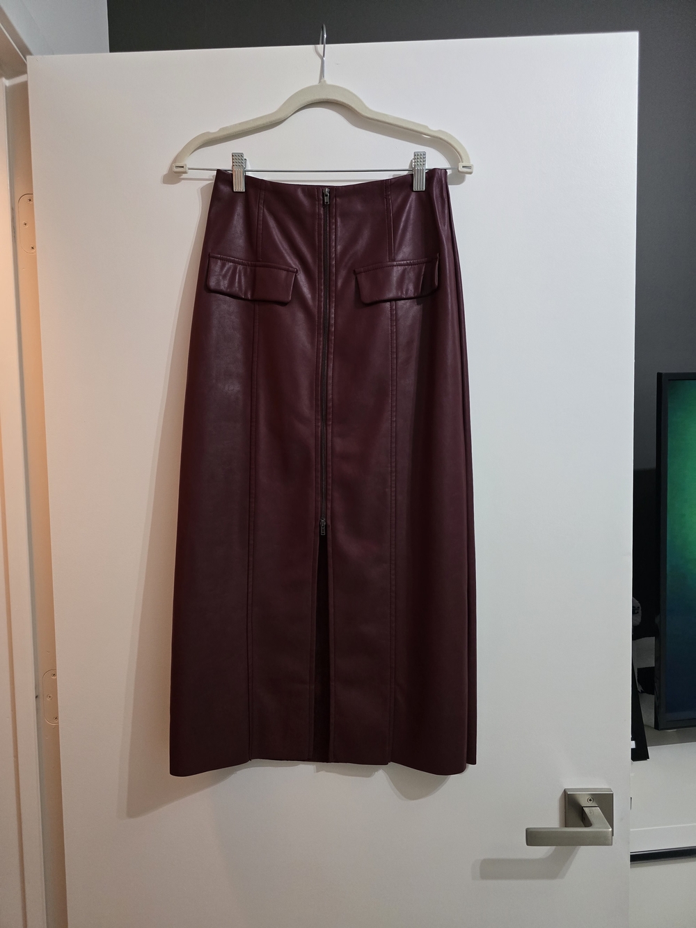 Mustard Seed Burgundy Faux Leather Maxi Skirt with Front Zip